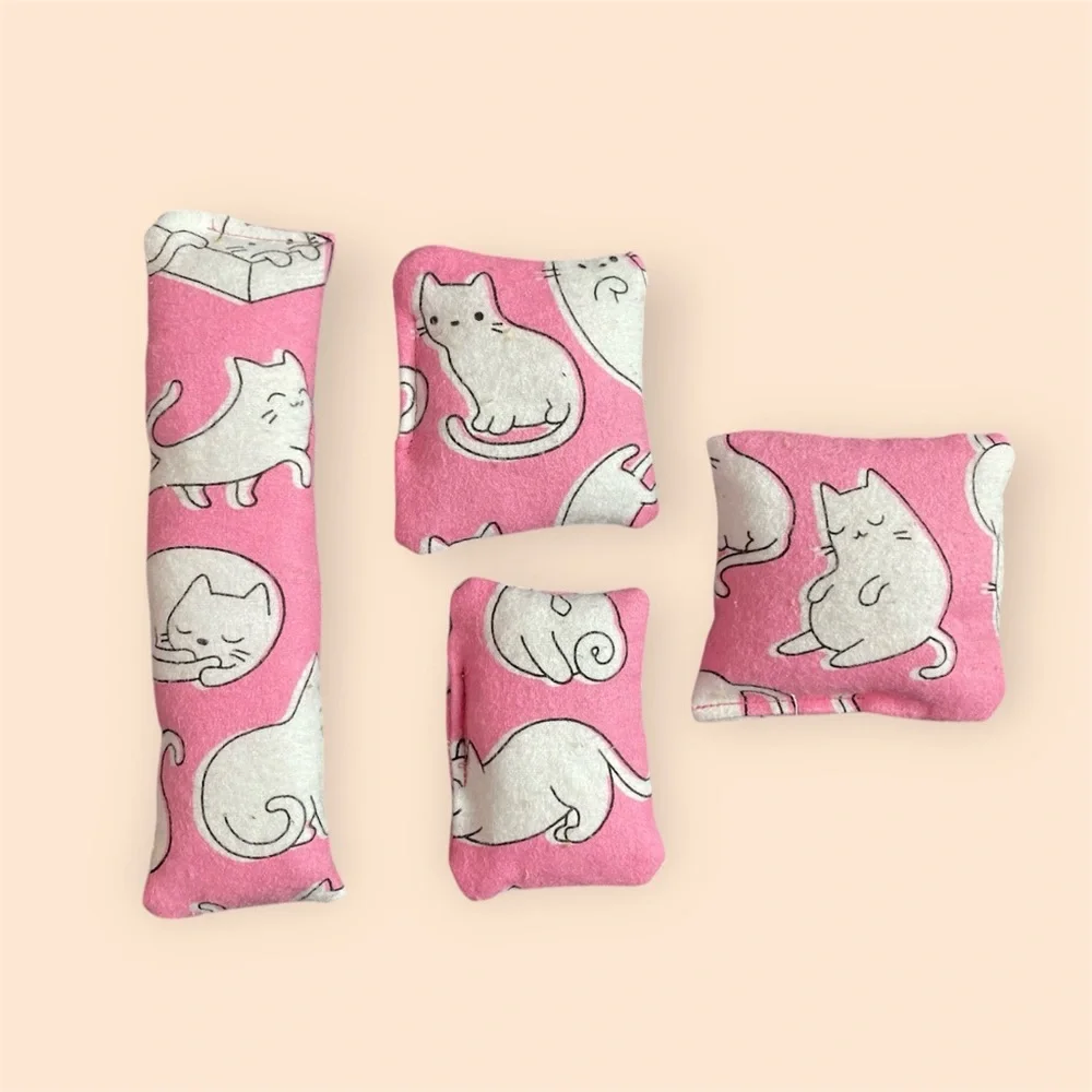 Handmade Pink Cat Print Catnip Toy Kick Stick Set (4)
